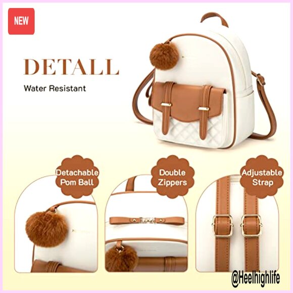 Mini PU Leather Backpack with Pompom, 7 Pockets, Waterproof Daypack main image 5